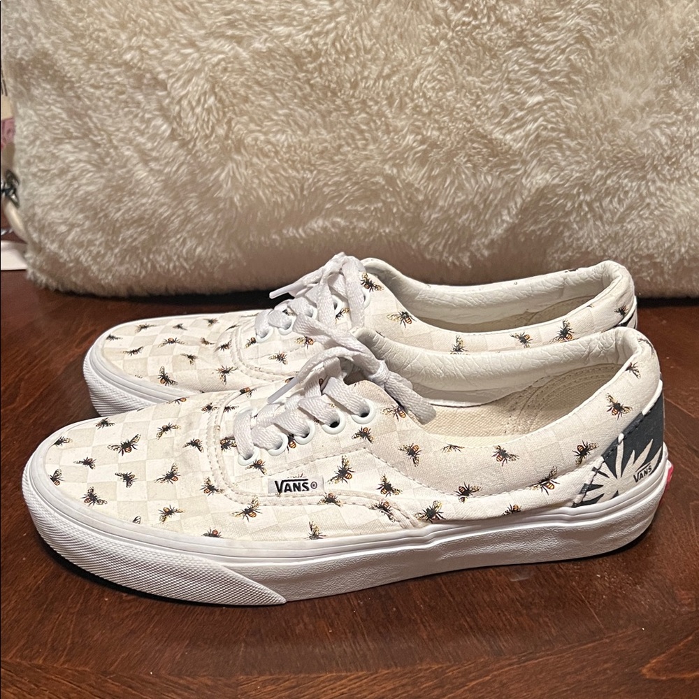Vans White Checkerboard Sneakers with Black and Yellow Bee Print - Picture 2 of 8